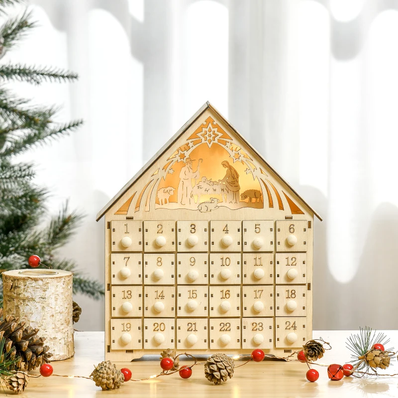 HOMCOM Adventskalender met LED-verlichting, 24 Laden, Kerststalscène, 26,6x6x30 cm, Houtlook