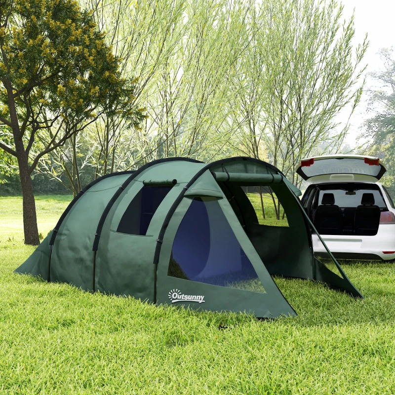 Outsunny Two Room Tunnel Tent Camping Tent for  3-4 Man with Windows, Covers, Carry Bag, for Fishing, Hiking, Sports, Green