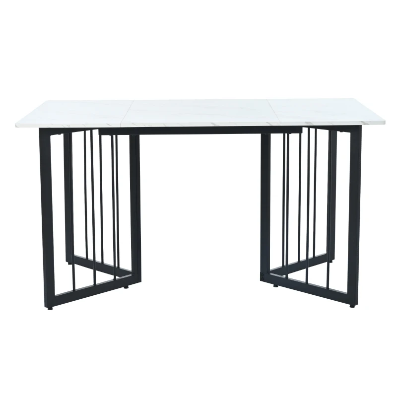 Masă de prânz modernă dreptunghiulară, cu blat din MDF cu efect de marmură și picioare din metal în formă de V, Alb+Negru