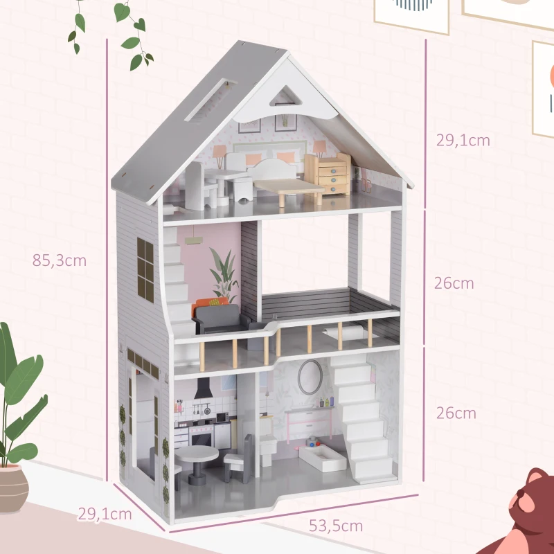 AIYAPLAY Houten Poppenhuis met 13 Meubelstukken en Accessoires, 3-Verdiepingen Speelhuis voor Kinderen van 3-6 Jaar