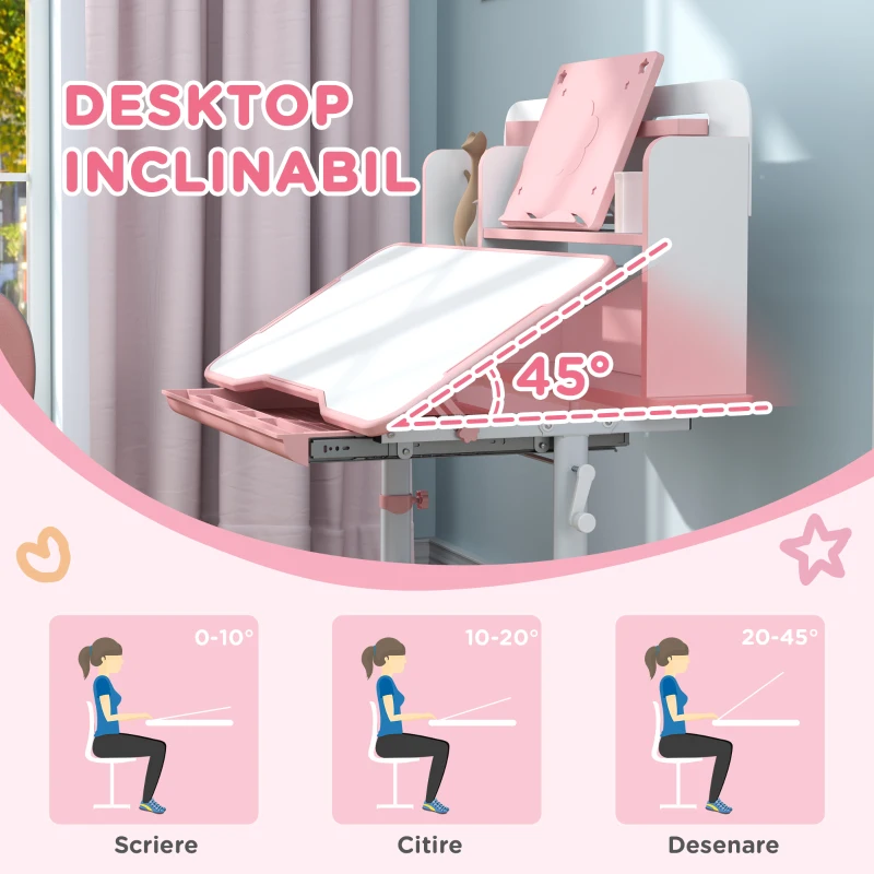 AIYAPLAY Set Birou pentru Copii 3-12 Ani Reglabil pe Înălțime și Blat Înclinabil la 45°, 80x55x107.5 cm, Culoare Roz(m-4)