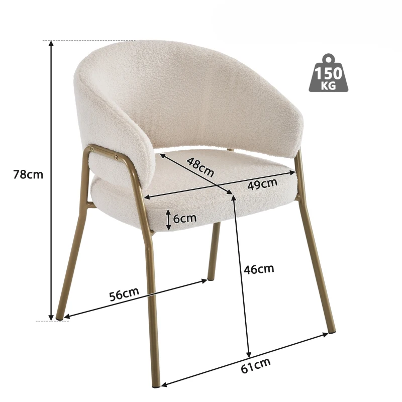 Sedia Imbottita in Velluto di Agnello con Braccioli, Schienale con Motivo a Fori, Gambe Dorate, 49x48x78 cm, Bianco