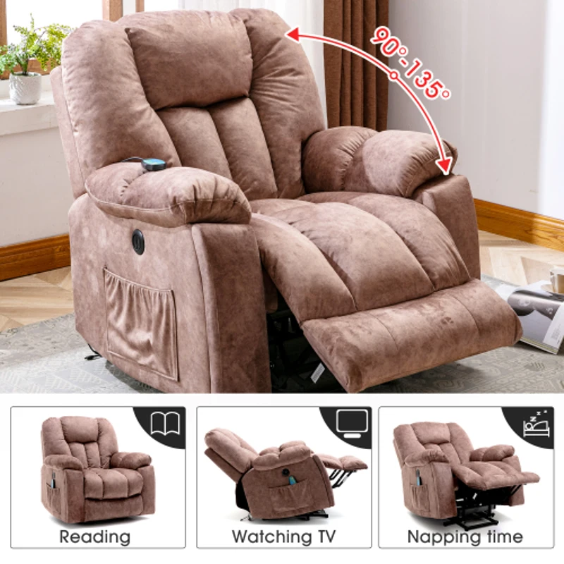Power Massage Lift Recliner Chair with Heat & Vibration, USB Ports, Side Pockets, Easy Assembly, 100x95x102 cm, Ergonomic 6 Points Vibration Massage, Brown