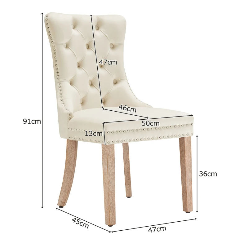 Set di 2 sedie imbottite per sala da Pranzo in Velluto, Design con Cucitura Bottoni, 50x46x91 cm, Beige