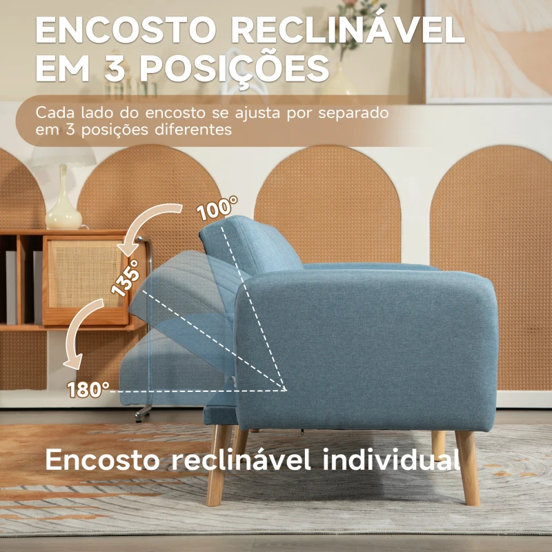 HOMCOM Sofá Cama de 2 Lugares com Encosto Ajustável em 3 Posições Apoio para os Braços e Pés de Madeira 173x75x73 cm Azul Claro