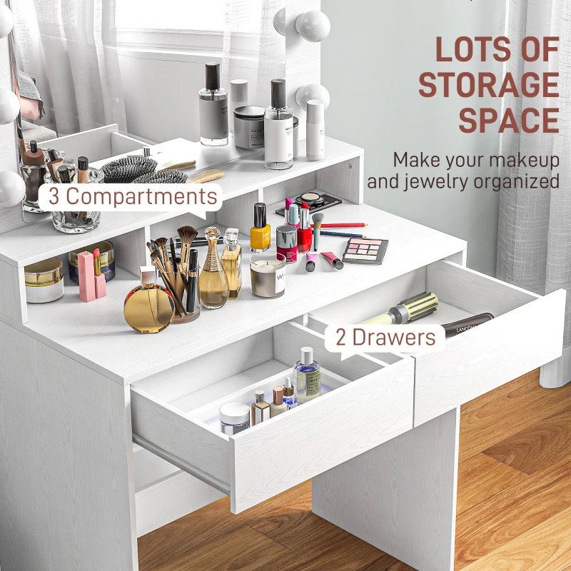 HOMCOM Toaletka z oświetlonym lustrem, szufladami, 3 opcje światła, 10 żarówek, nowoczesna toaletka w kolorze białym