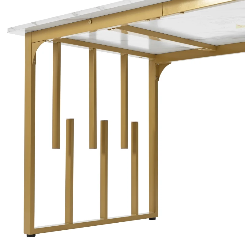 Masă de prânz modernă dreptunghiulară, cu blat din MDF cu model de marmură, 140x80x75 cm, Alb+Auriu