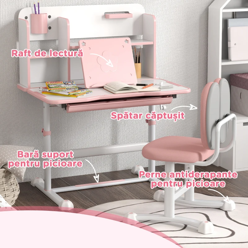 AIYAPLAY Set Birou pentru Copii 3-12 Ani Reglabil pe Înălțime și Blat Înclinabil la 45°, 80x55x107.5 cm, Culoare Roz(m-7)