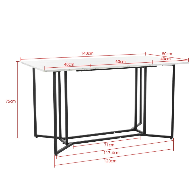 Masă de prânz modernă dreptunghiulară, cu blat din MDF cu model de marmură, 140x80x75 cm, Alb+Negru
