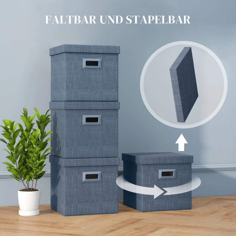 HOMCOM Opbergdozenset, Afneembaar Deksel, Handvatten, Opvouwbaar, Stapelbaar, Linnen-Look, Blauw