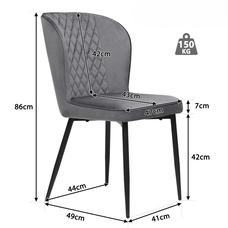 Set de 2 scaune tapițate pentru sufragerie din catifea cu spătar și structură din metal, 47x43x86 cm, Gri