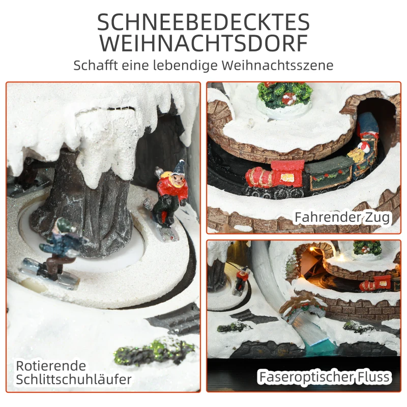 HOMCOM Ruchome miasteczko bożonarodzeniowe z oświetleniem LED, muzyką, obracającymi się łyżwiarzami i jeżdżącym pociągiem, dekoracja stołowa