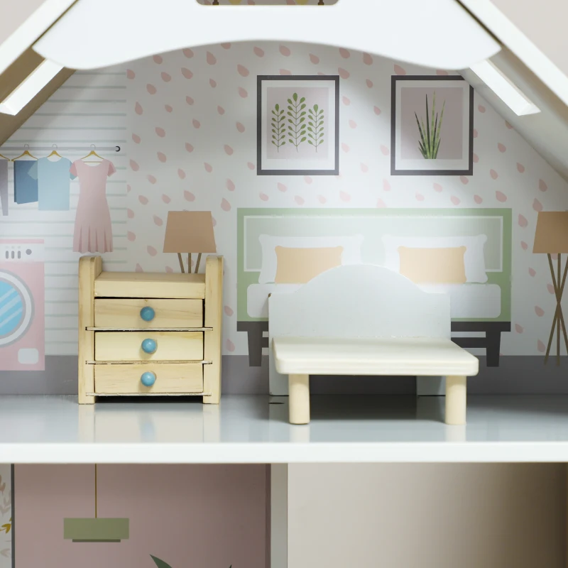 AIYAPLAY Houten Poppenhuis met 13 Meubelstukken en Accessoires, 3-Verdiepingen Speelhuis voor Kinderen van 3-6 Jaar