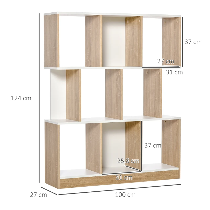 HOMCOM Mobile Libreria a 8 Ripiani per Soggiorno e Camera da Letto, in Legno, 100x27x124 cm, Rovere e Bianco