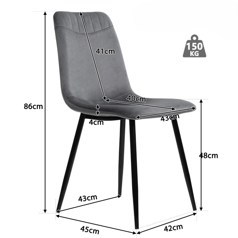 Set di 4 sedie imbottite da Pranzo con Schienale, Struttura in Metallo, Design Ergonomico, 43x40x86 cm, Grigio