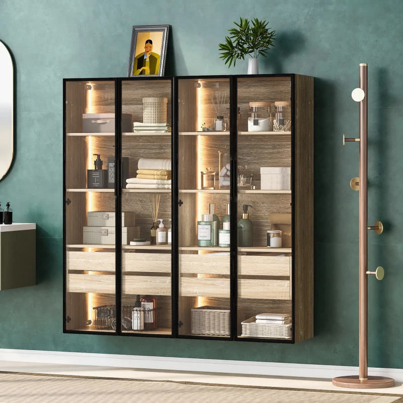 Set di 2 Armadietti Multiusi da Bagno con Illuminazione LED, 2 Cassetti e Ante, Vetro Satinato, 74×36×155 cm, Naturale