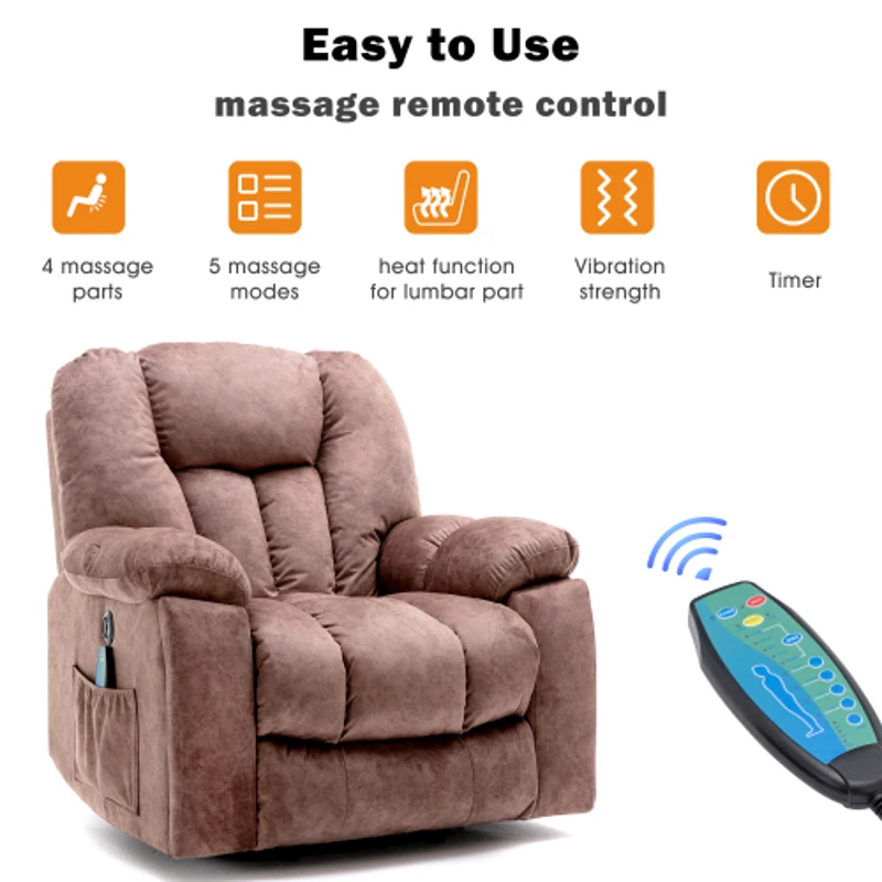 Power Massage Lift Recliner Chair with Heat & Vibration, USB Ports, Side Pockets, Easy Assembly, 100x95x102 cm, Ergonomic 6 Points Vibration Massage, Brown