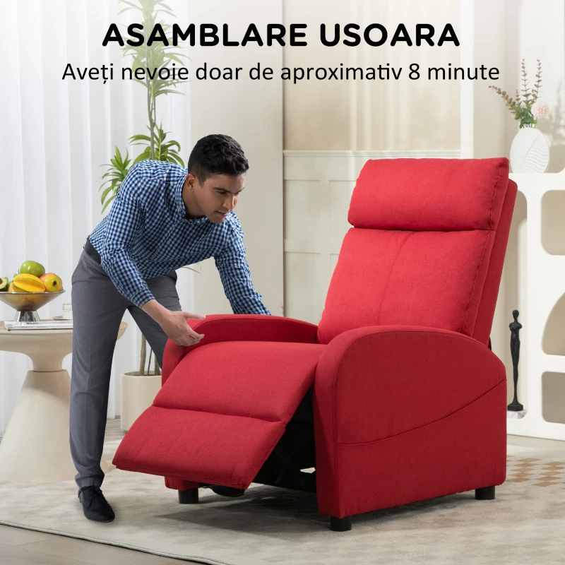 HOMCOM Fotoliu Rabatabil Manual cu Suport pentru Picioare din Material Textil cu Efect de In, 69x85x100 cm, Roșu Vin