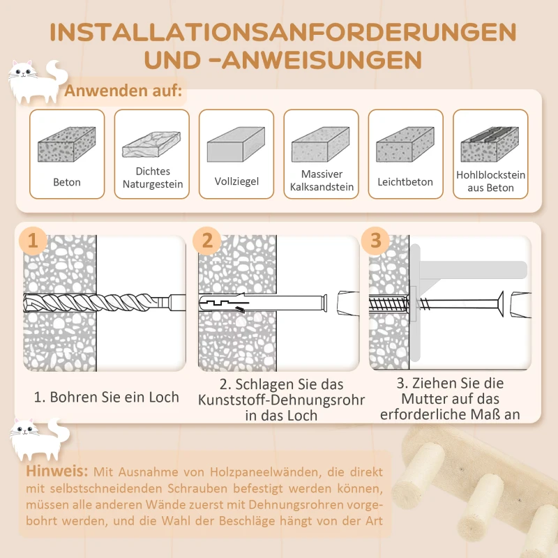 PawHut Katten Klimset voor Wand- en Plafondmontage, Geschikt voor Katten tot 5 kg, Beige