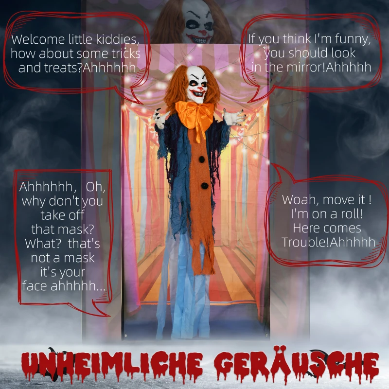 HOMCOM Horrorclown Halloween Decor, activeert met geluid/aanraking, rode ogen, geluid, 168 cm