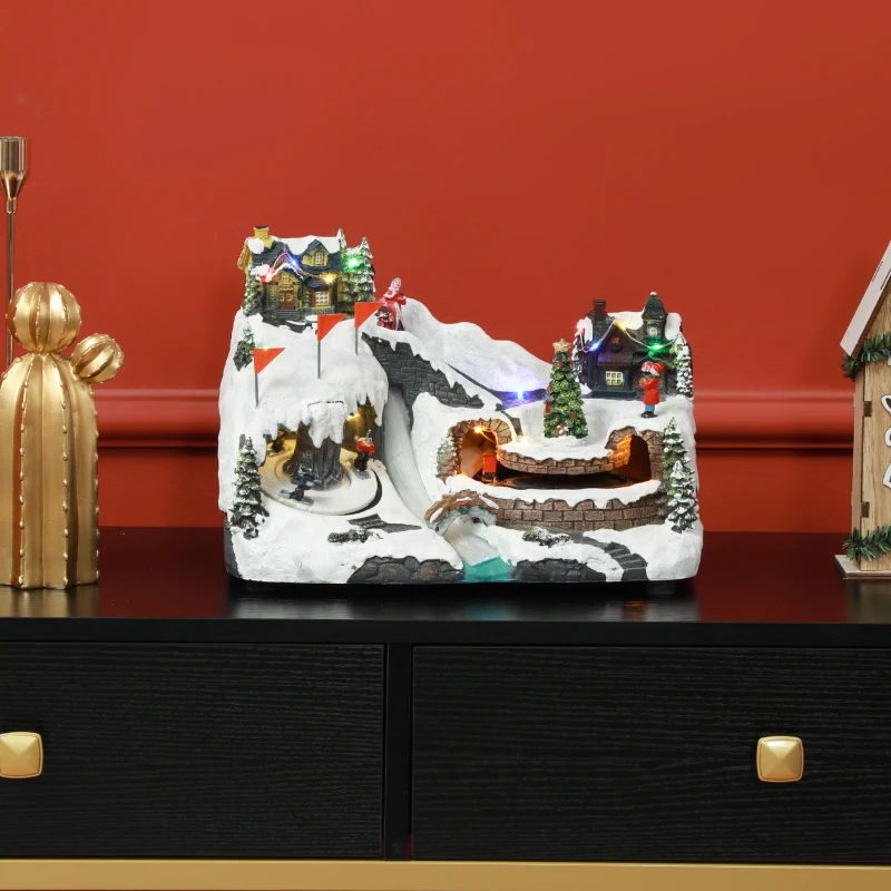 HOMCOM Ruchome miasteczko bożonarodzeniowe z oświetleniem LED, muzyką, obracającymi się łyżwiarzami i jeżdżącym pociągiem, dekoracja stołowa