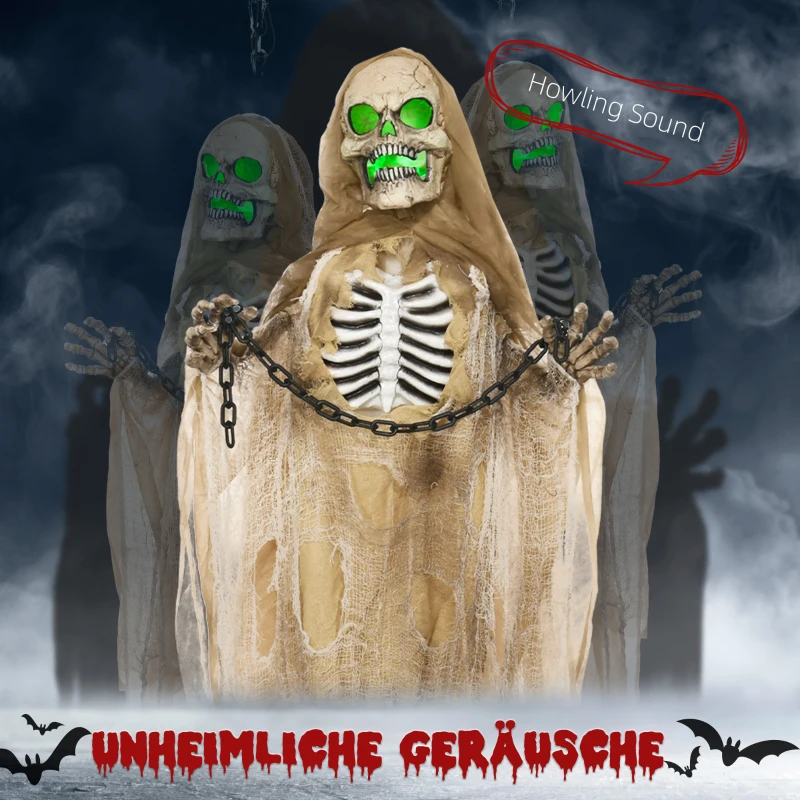 HOMCOM Halloween Decoratie, Hangend Skelet, Lichtgevende Kop, Griezelig Huilen, Buigzame Armen, Kaki(m-4)