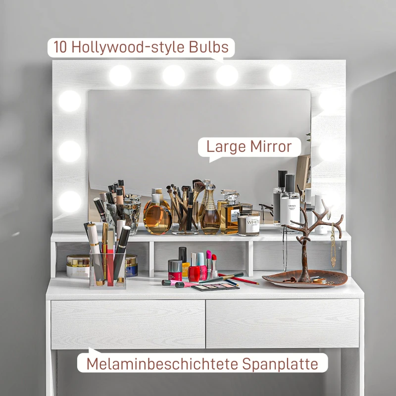 HOMCOM Toaletka z oświetlonym lustrem, szufladami, 3 opcje światła, 10 żarówek, nowoczesna toaletka w kolorze białym