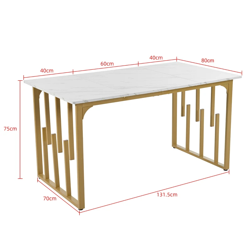 Masă de prânz modernă dreptunghiulară, cu blat din MDF cu model de marmură, 140x80x75 cm, Alb+Auriu