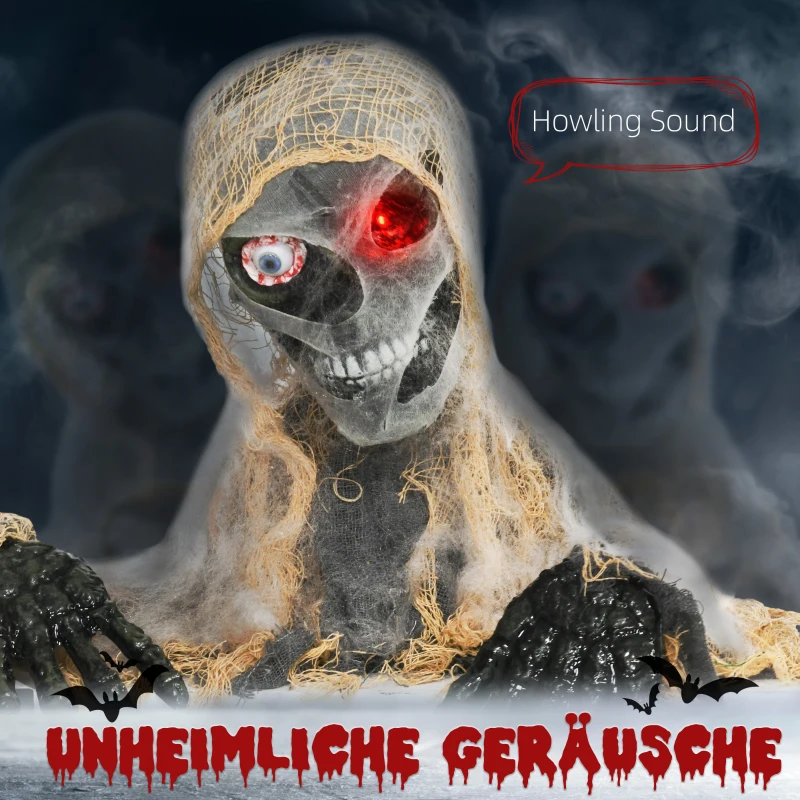 HOMCOM Halloween Decoratie, Eenogige Mummie, Buigzame Armen, Gloeiende Ogen, Griezelig Gehuil, 55x18x35 cm