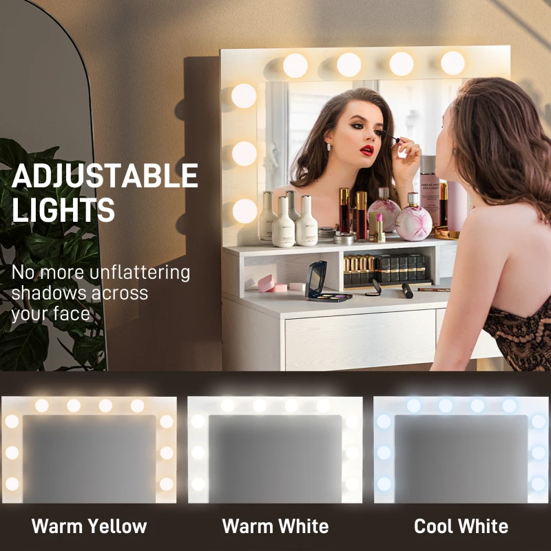 HOMCOM Toaletka z oświetlonym lustrem, szufladami, 3 opcje światła, 10 żarówek, nowoczesna toaletka w kolorze białym