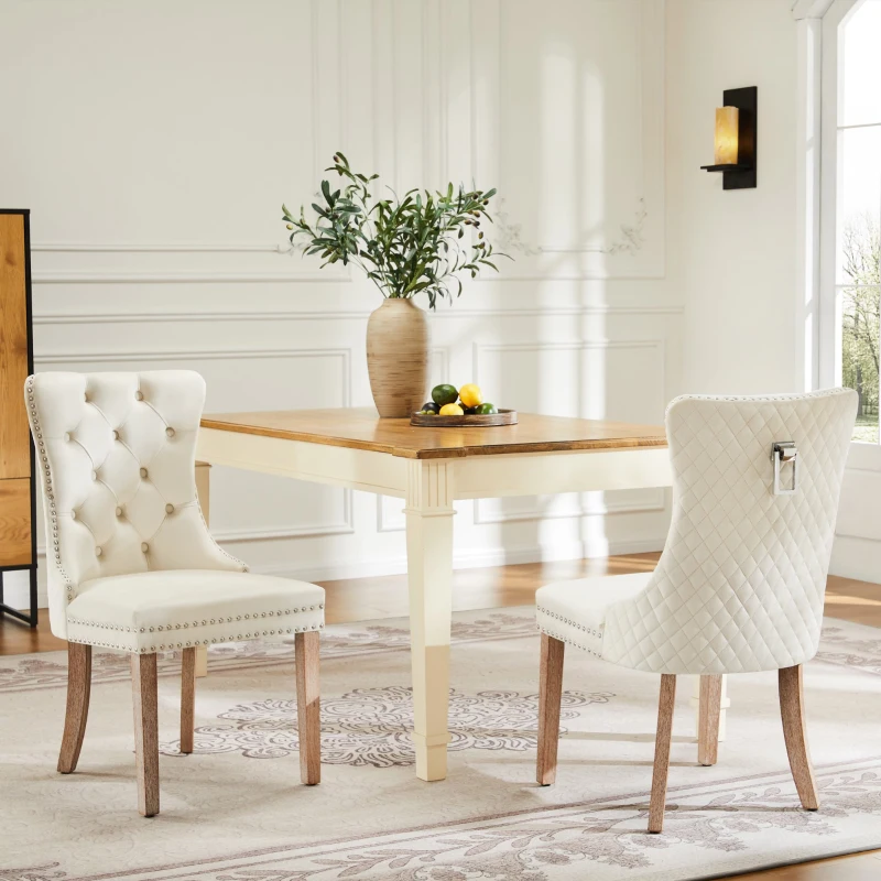 Set di 2 sedie imbottite per sala da Pranzo in Velluto, Design con Cucitura Bottoni, 50x46x91 cm, Beige