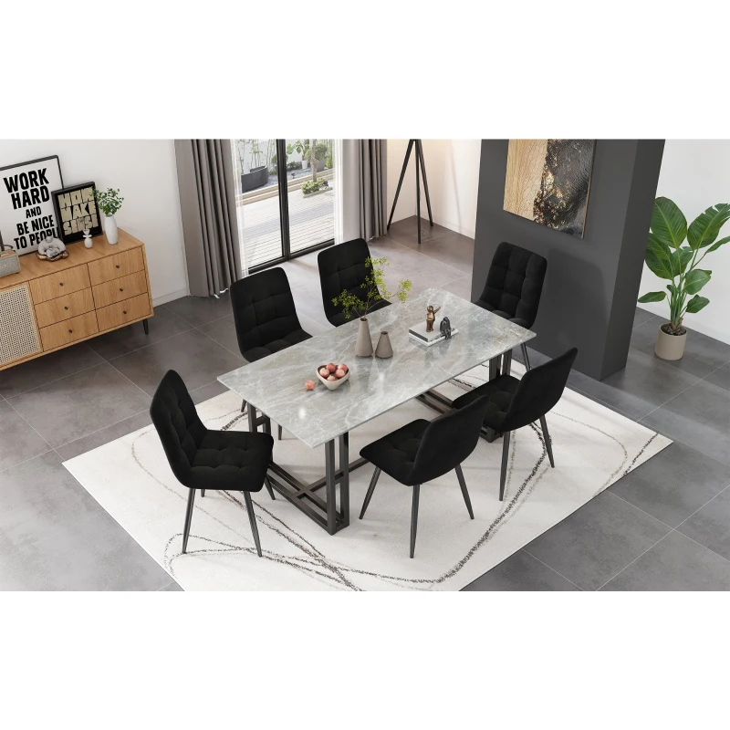 Set de 4 scaune tapițate pentru sufragerie cu spătar, structură din metal, 44x46x86 cm, Negru
