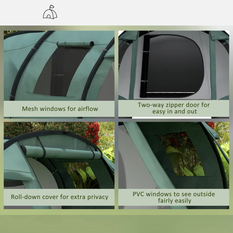 Outsunny Two Room Tunnel Tent Camping Tent for  3-4 Man with Windows, Covers, Carry Bag, for Fishing, Hiking, Sports, Green