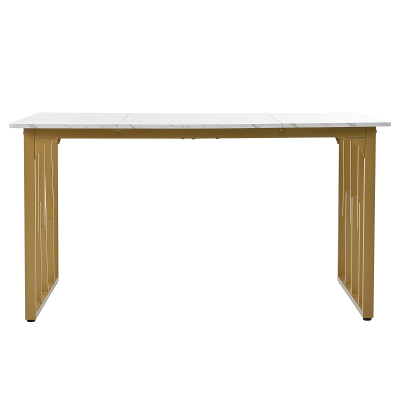 Masă de prânz modernă dreptunghiulară, cu blat din MDF cu model de marmură, 140x80x75 cm, Alb+Auriu