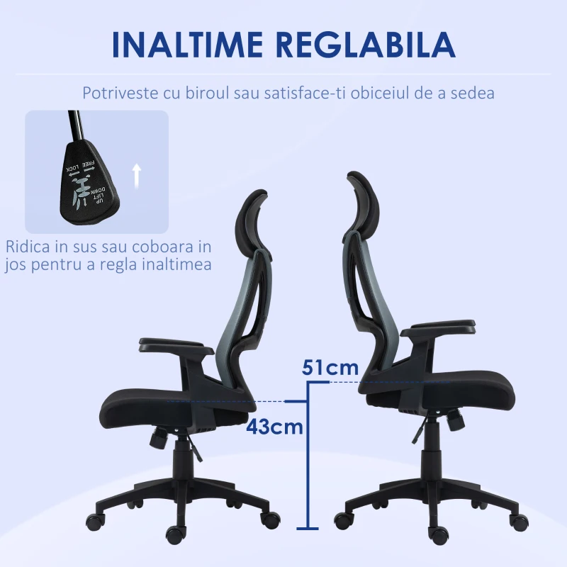 HOMCOM Scaun Ergonomic de Birou Înclinabil cu Suport Lombar, Tetieră și Înălțime Reglabilă, 66x58x115-123 cm, Negru