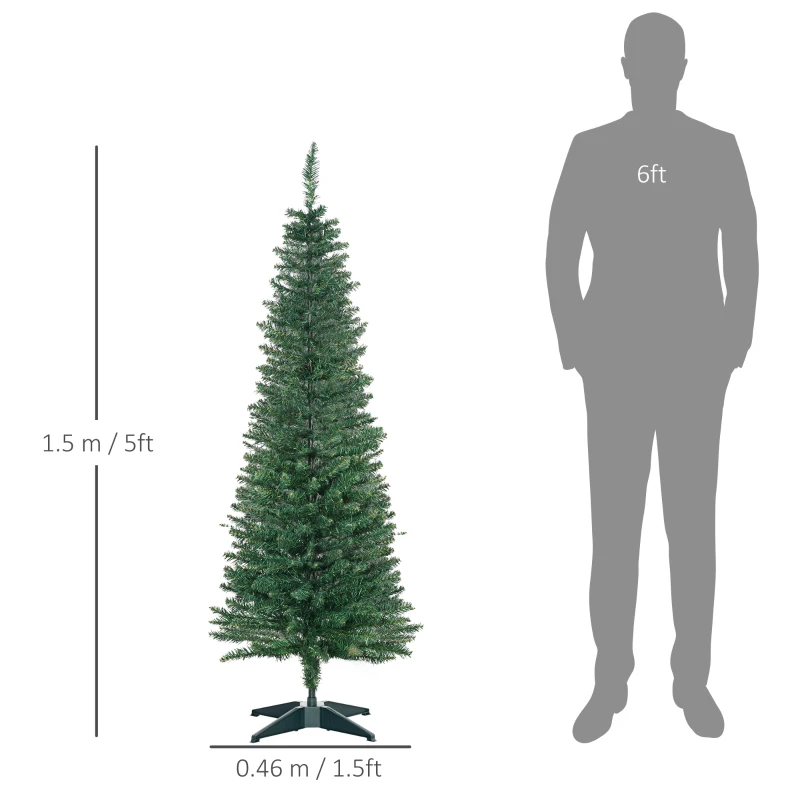 HOMCOM Brad Artificial de Crăciun cu Crengi Realiste, Brad Înalt și Îngust cu Bază din Plastic, Ø46x150 cm, Verde