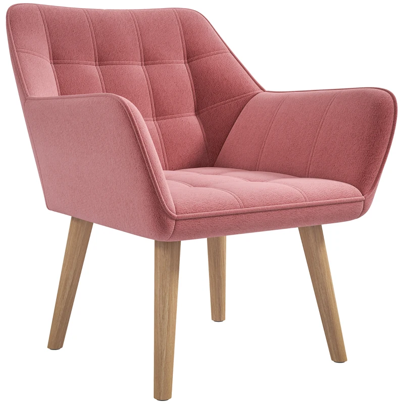 HOMCOM Accent Chair, Arm Chair with Wide Arms, Slanted Back, Thick Padding and Rubber Wooden Legs for Living Room, Pink
