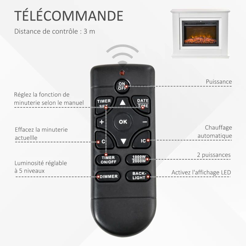 HOMCOM Cheminée électrique Grande Taille 2000 W Effet Flammes LED minuterie température luminosité réglables télécommande fournie Blanc(m-5)