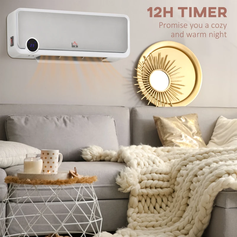 HOMCOM Aerotermă de Perete cu 3 Moduri, Timer 12h și Oscilație 30°, 56x18,5x11,7 cm, Argintiu