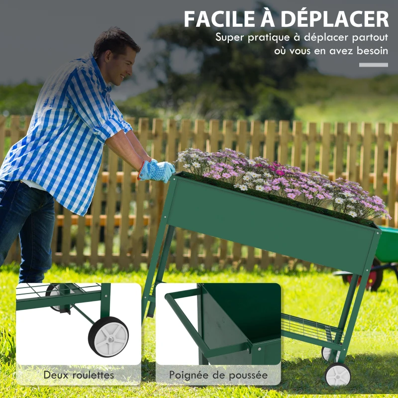 Outsunny Jardinière sur Pieds Potager dim. 109L x 44l x 80H cm étagère 2 Roues + Insert d'irrigation métal Vert