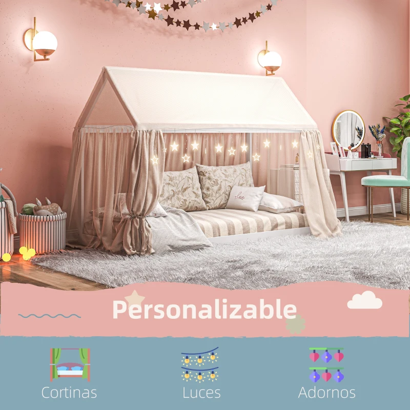 HOMCOM Cama Individual de 90x190 cm Somier de Madera en Forma de Casa Carga 120 kg para Dormitorio Blanco