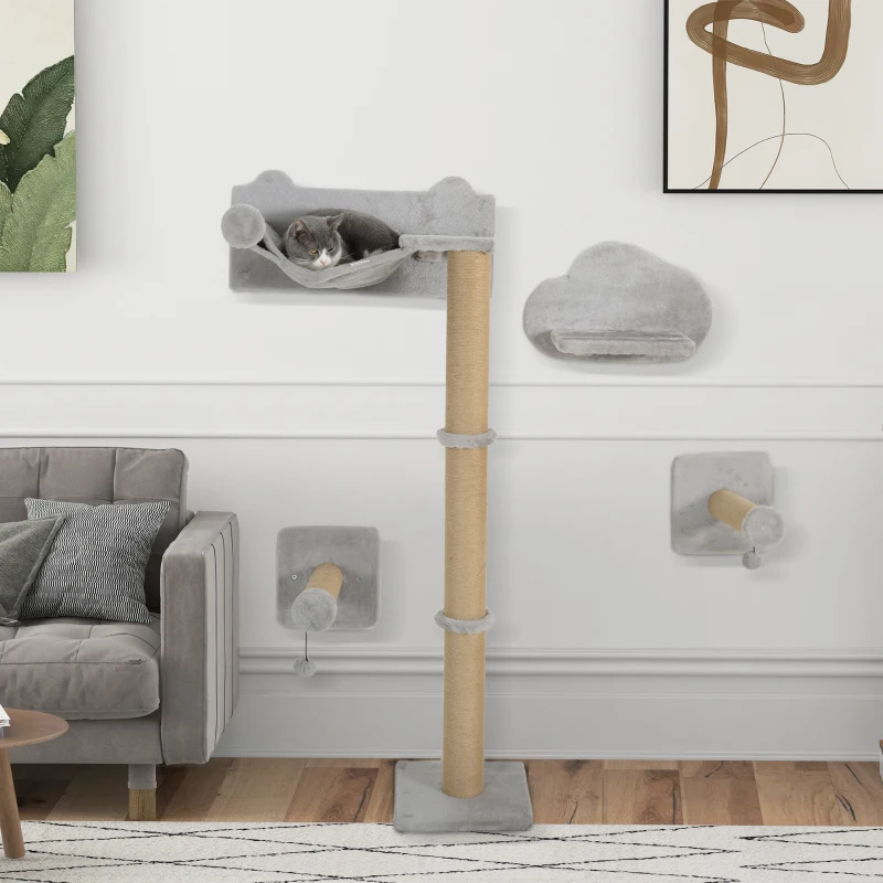 PawHut 4 Piece Cat Shelves w/ Scratching Post, Steps, Jumping Platform, Ladder, Toy Balls, for Indoor Cats, Light Grey