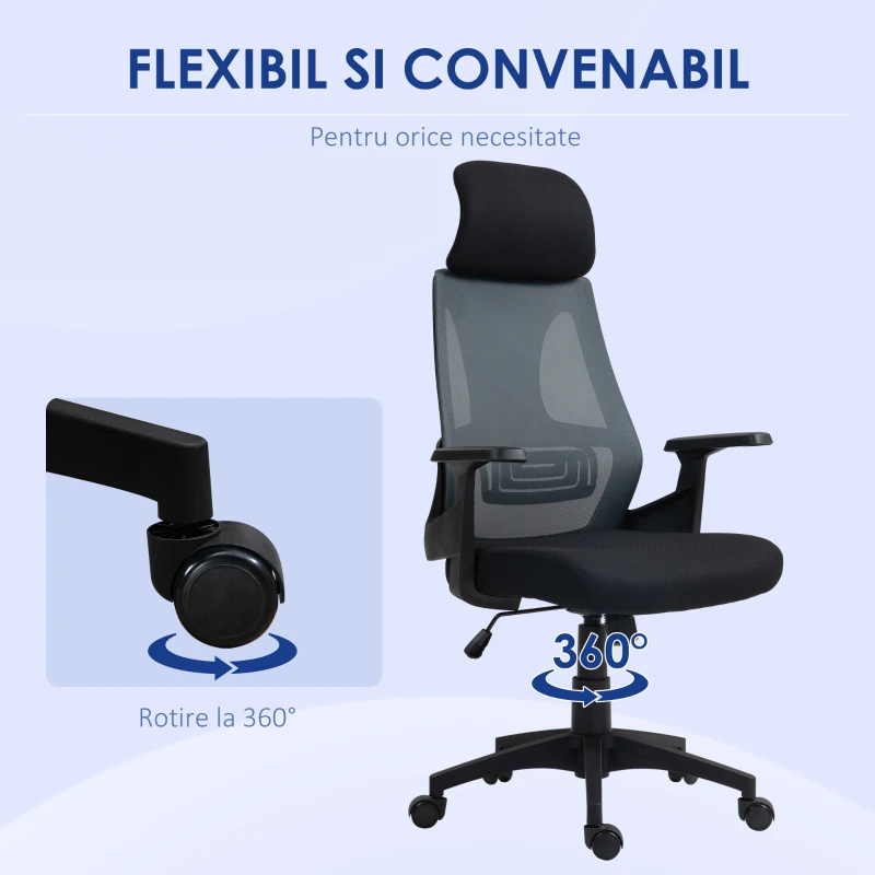 HOMCOM Scaun Ergonomic de Birou Înclinabil cu Suport Lombar, Tetieră și Înălțime Reglabilă, 66x58x115-123 cm, Negru
