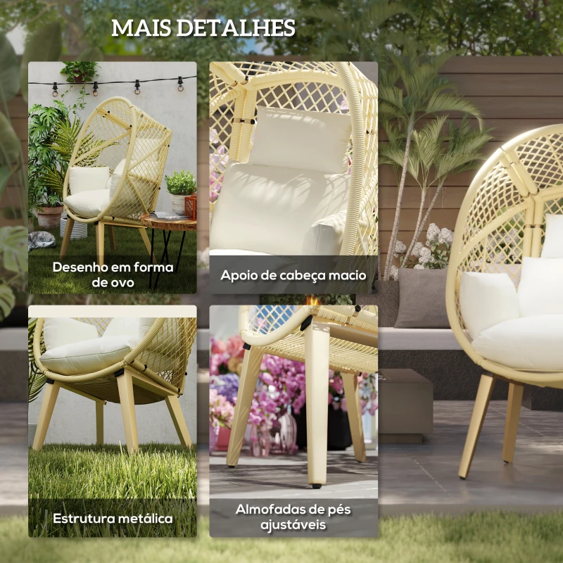 Outsunny Poltrona de Exterior de Vime PE com Almofadas Encosto Acolchoado Pés Ajustáveis e Estrutura de Metal 88x85x143 cm Natural e Creme