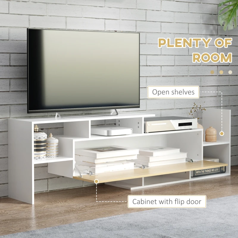Homcom Mobilier TV 153,6×25×42 cm – Alb cu Rafturi si Dulap Perete