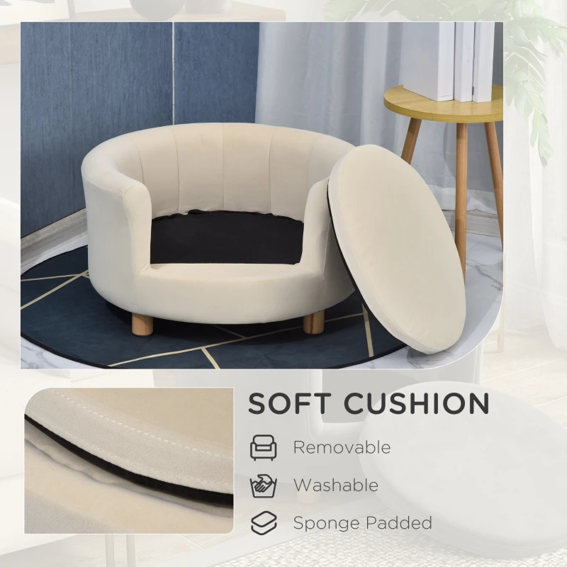 PawHut Canapea Tapițată pentru Câini cu Spătar și Pernă Detașabilă, Culcuș pentru Pisici de Interior, 65x64x37 cm, Crem