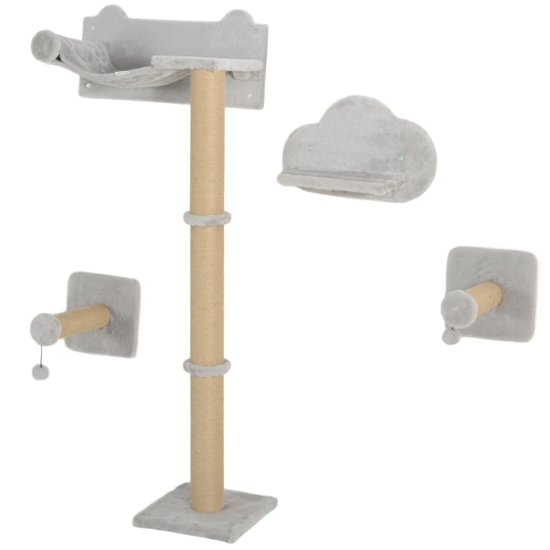 PawHut 4 Piece Cat Shelves w/ Scratching Post, Steps, Jumping Platform, Ladder, Toy Balls, for Indoor Cats, Light Grey