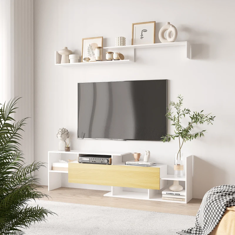 Homcom Mobilier TV 153,6×25×42 cm – Alb cu Rafturi si Dulap Perete