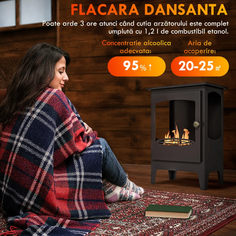 HOMCOM Șemineu pe Bioetanol, Bioșemineu cu Arzător de 1,2L pentru 3 Ore Durată de Ardere, 36x26x54 cm, Negru