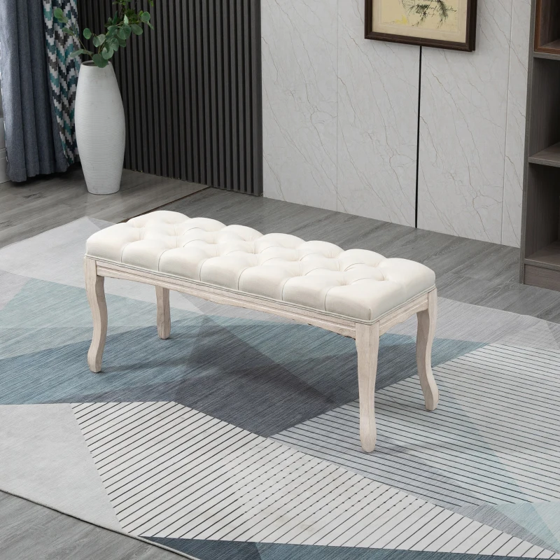 HOMCOM Bancă de Pat Vintage cu Butoni, Bancă Capitonată cu Picioare din Lemn, 110x40x48 cm, Bej